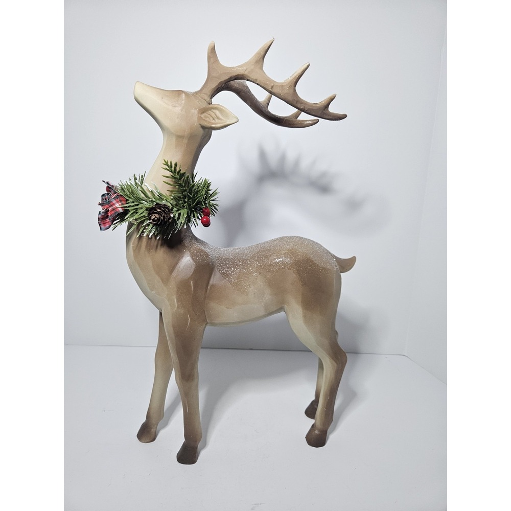 Hobby Lobby Standing Brown Reindeer Figurine Wreath Plaid Bow 15 Inch Christmas